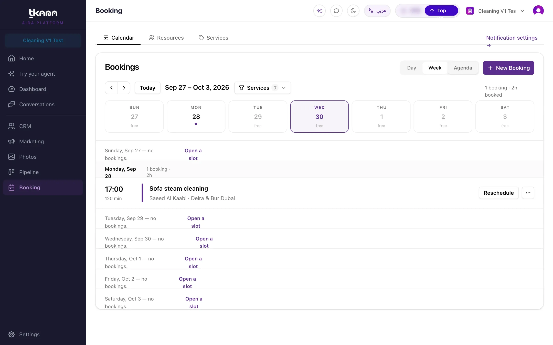 The booking calendar in week view with a few bookings