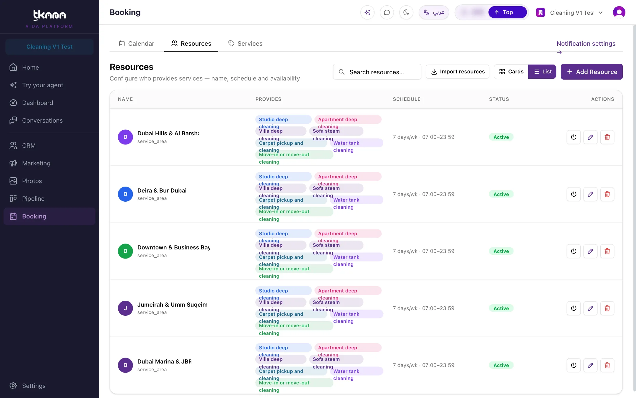 The Add Resource form with the weekly schedule and the Services provided field