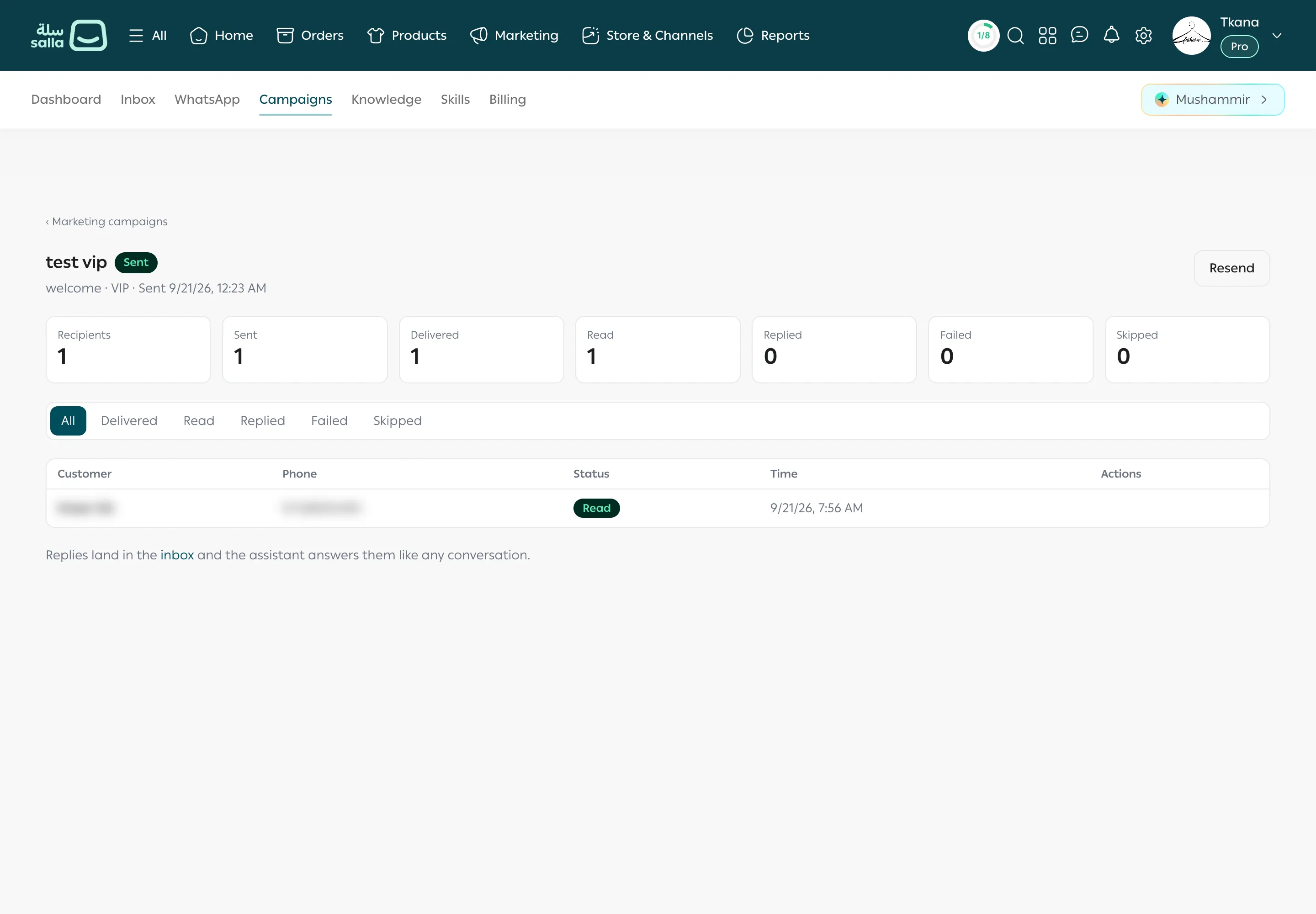 A campaign results page: Recipients, Sent, Delivered, Read, Replied, Failed, and Skipped counters, the recipients table, and Resend