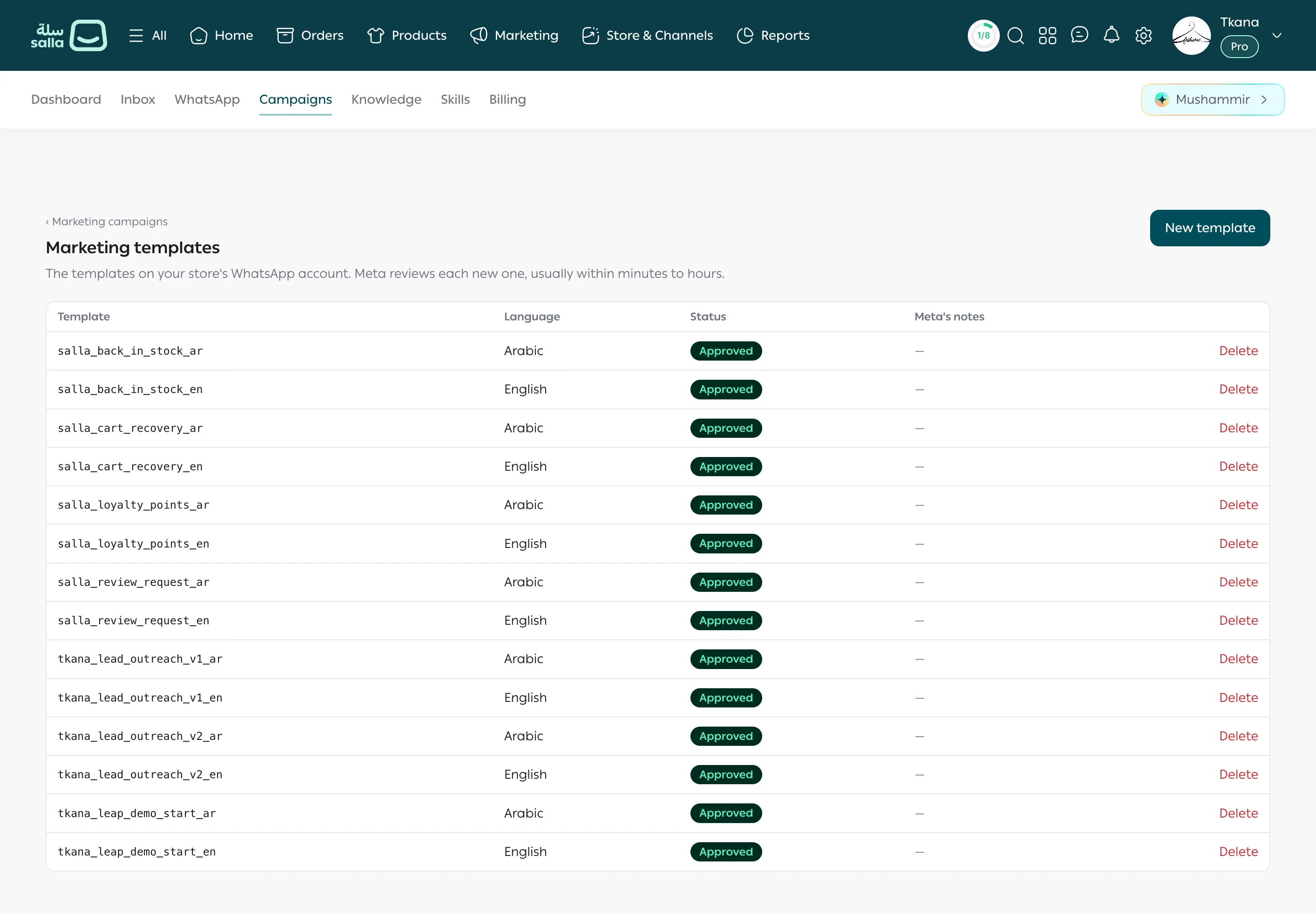 The Marketing templates page with the templates table, languages, Approved and In review statuses, and Delete