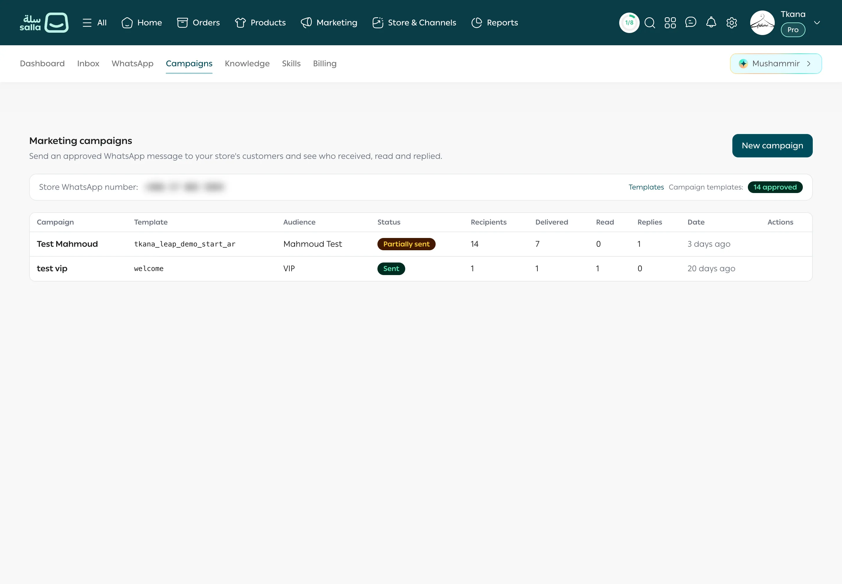 The Marketing campaigns page with the New campaign button, the store number and campaign templates card, and the campaigns table