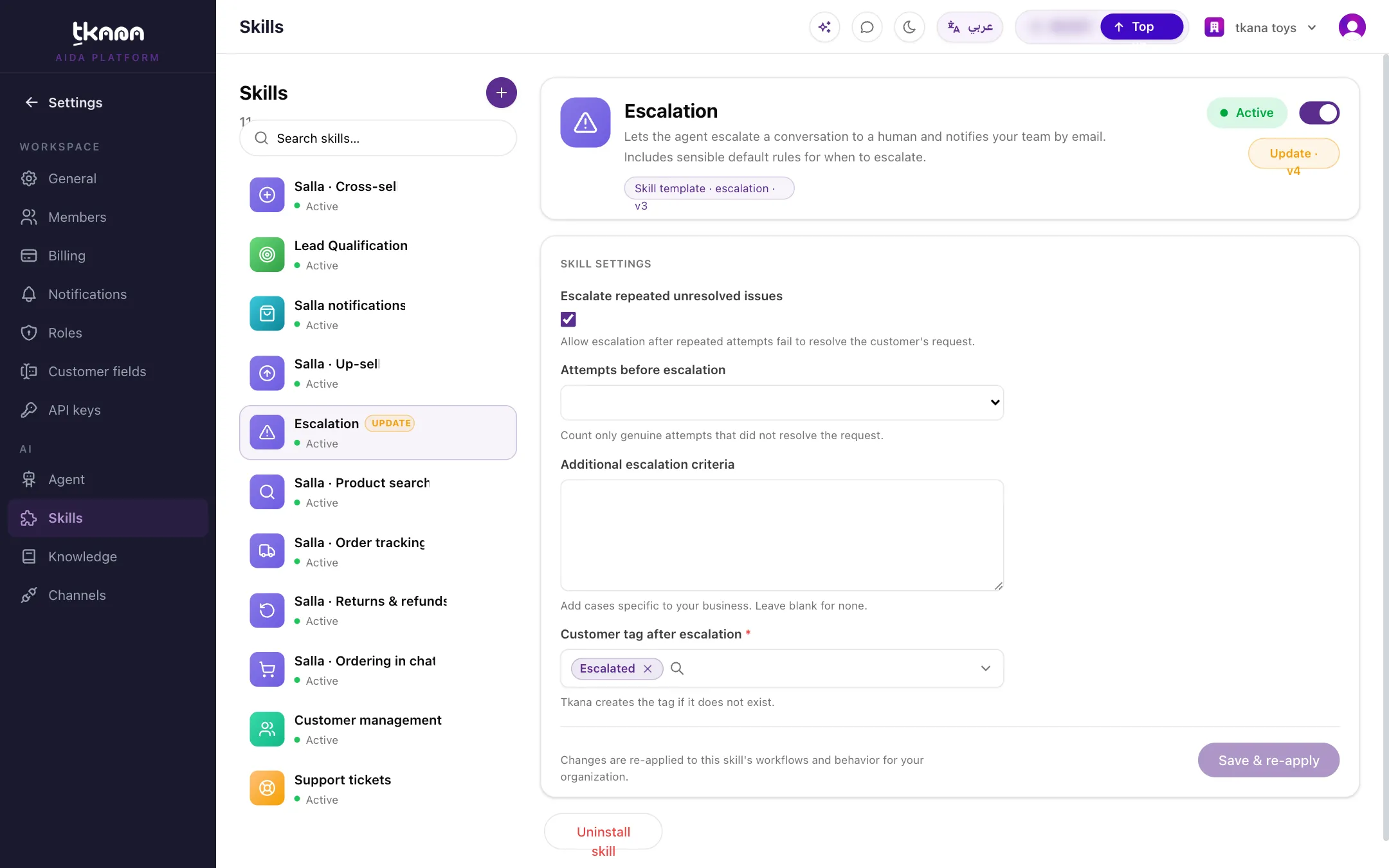 The Escalation skill settings with the four fields and the Save & re-apply button
