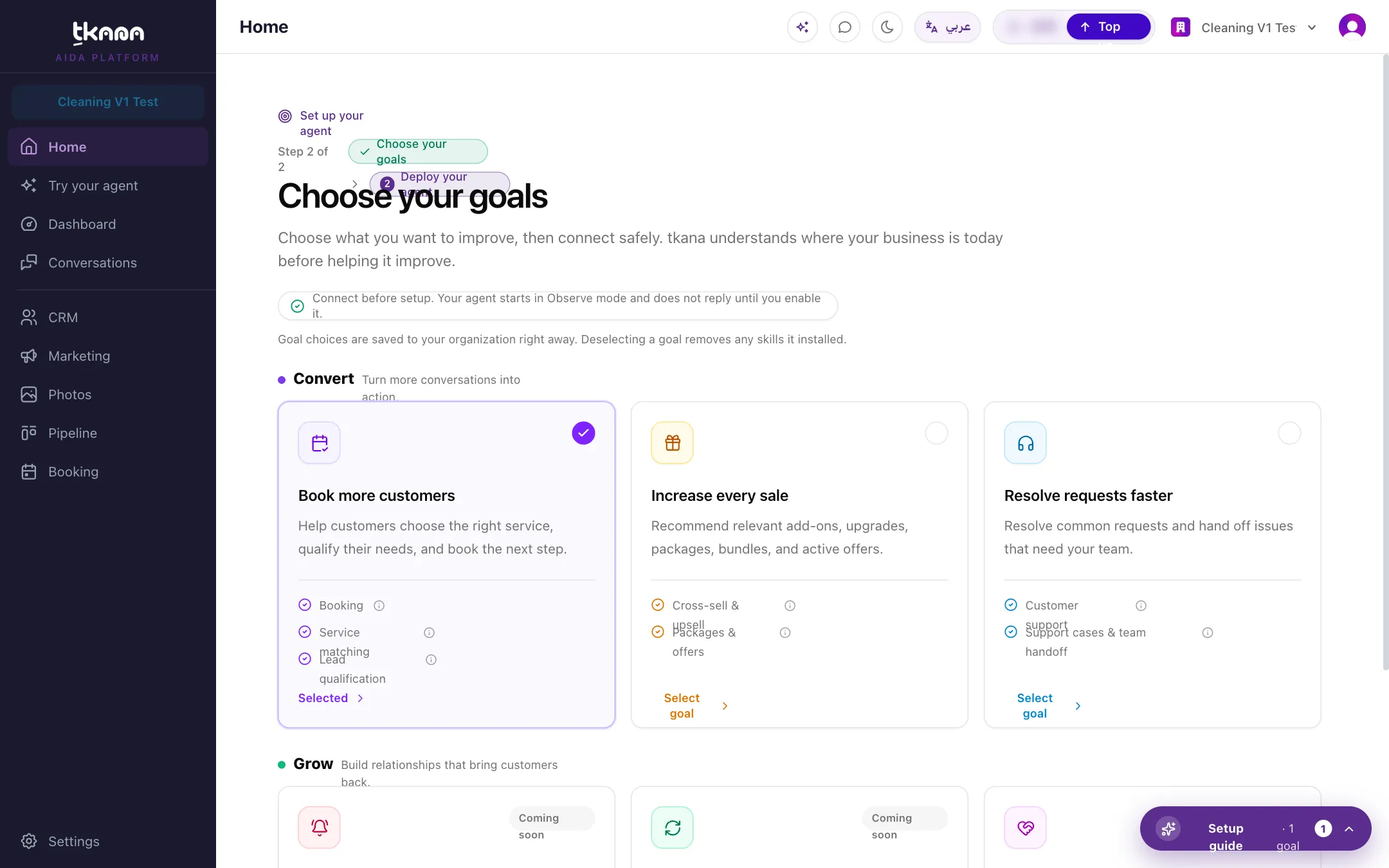 The Choose your goals step on Home with goal cards and their status