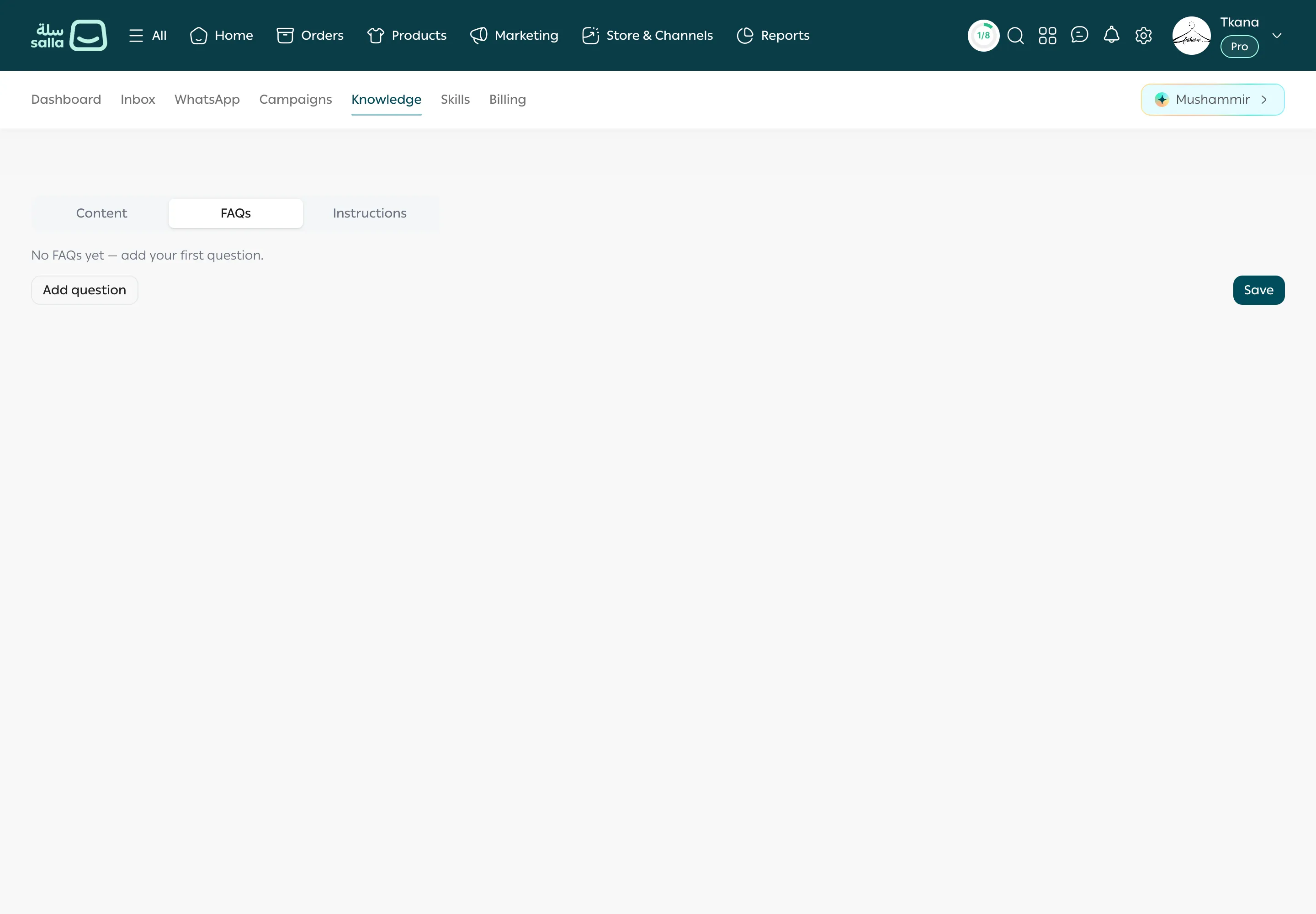 The empty FAQs section with No FAQs yet and the Add question and Save buttons