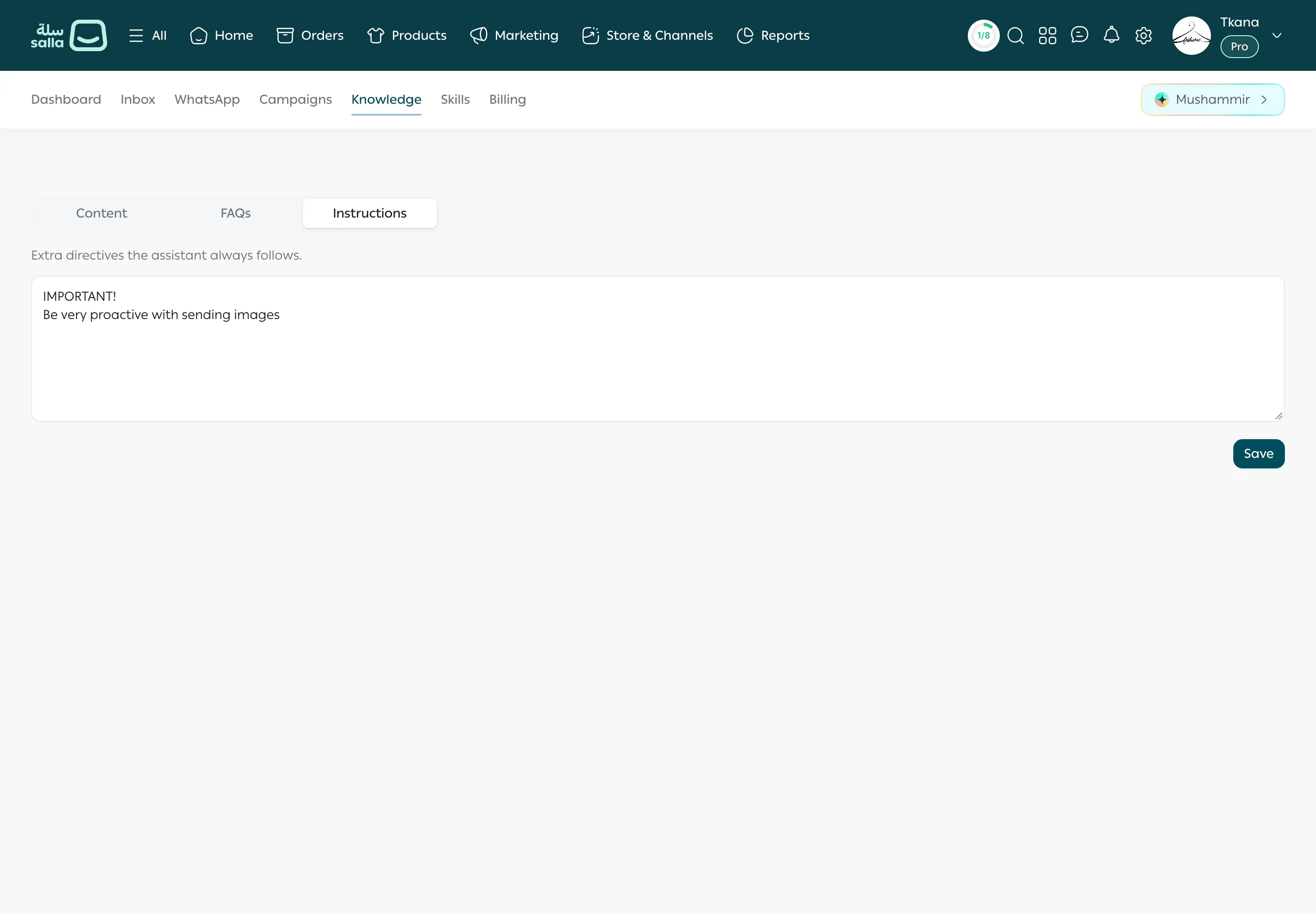 The Instructions section of the Knowledge tab with the text box and the Save button