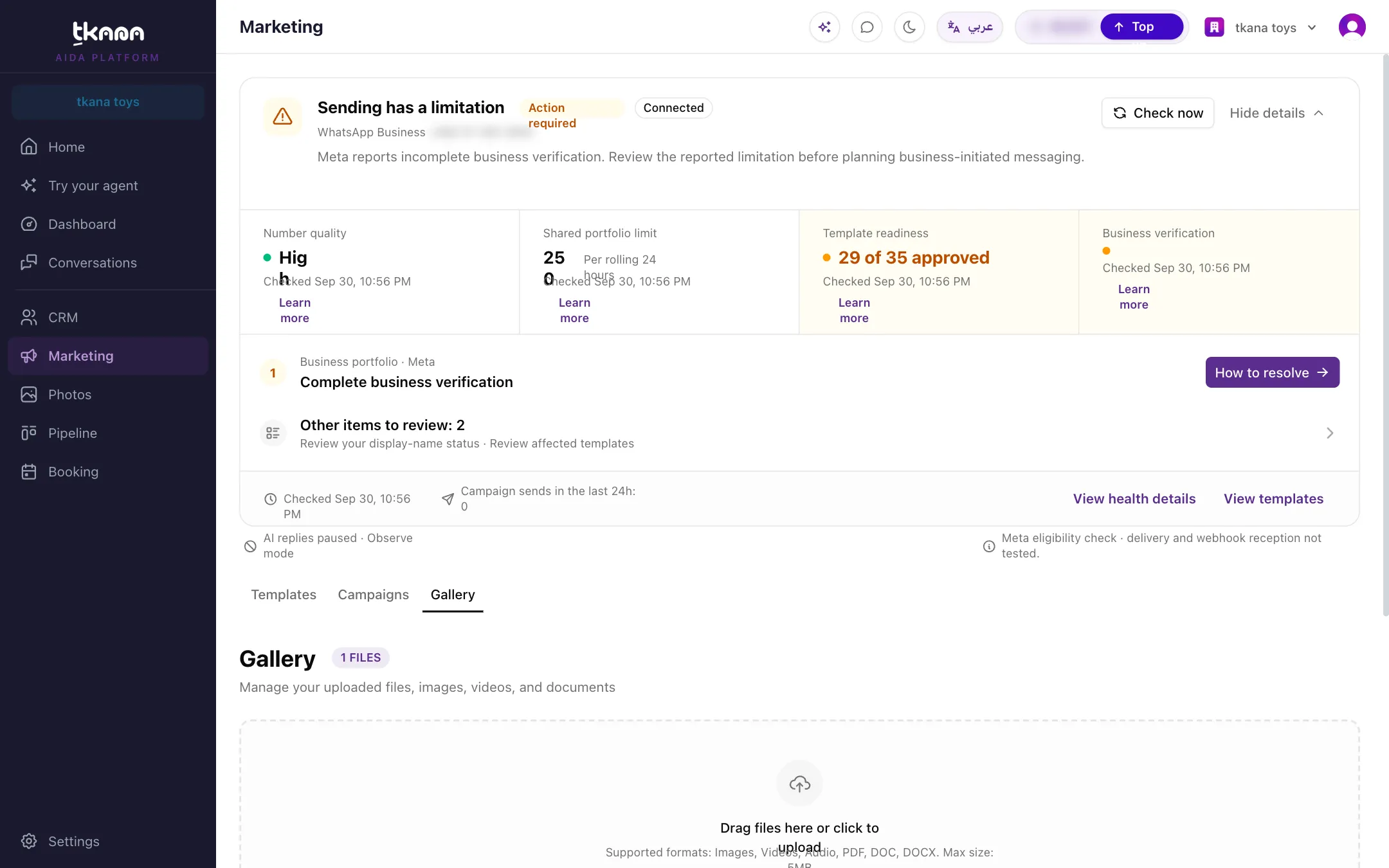The Gallery tab on the Marketing page with the upload area, search box, file type filters, and a few uploaded files