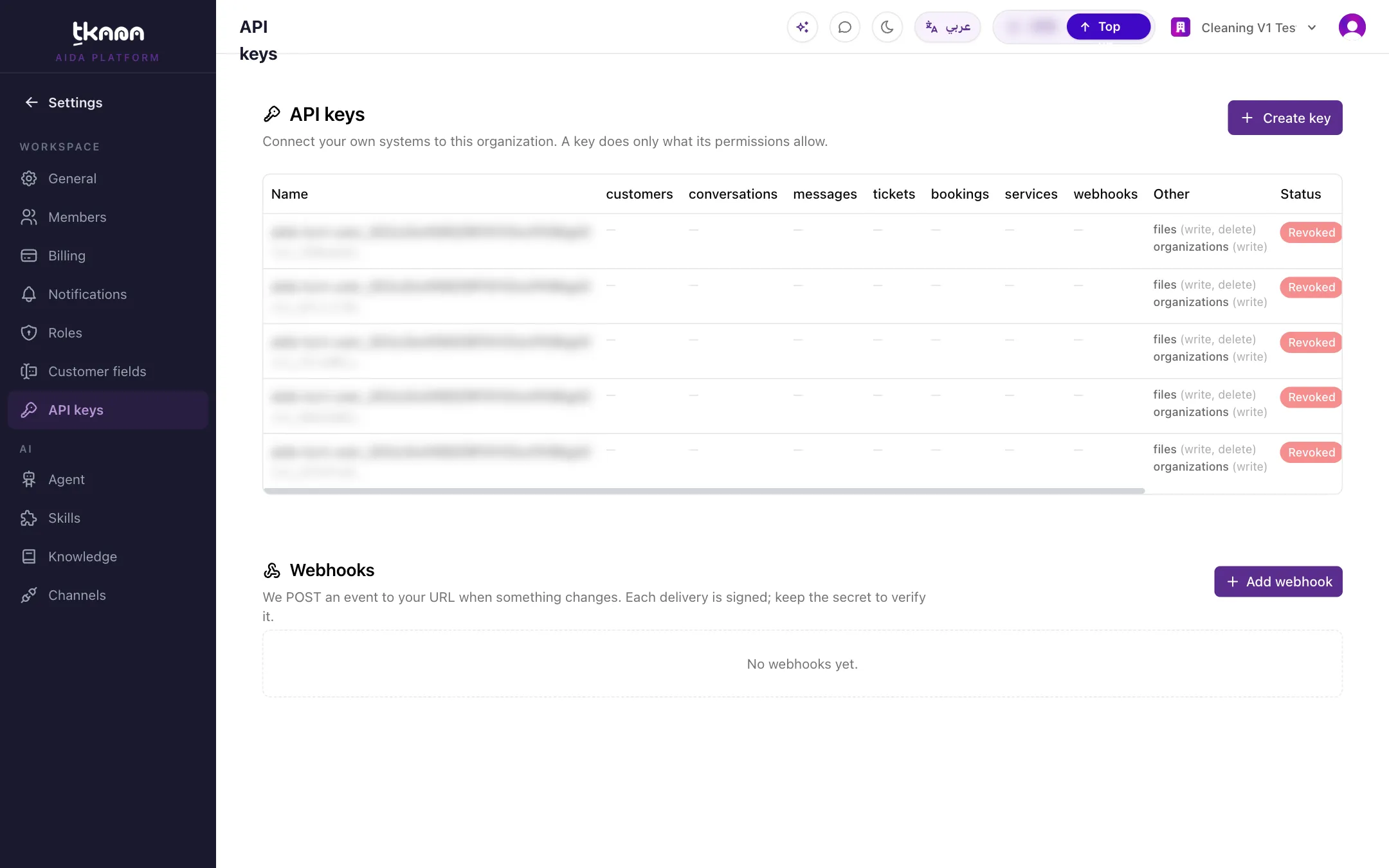 The API keys page with the create key window and the permissions grid