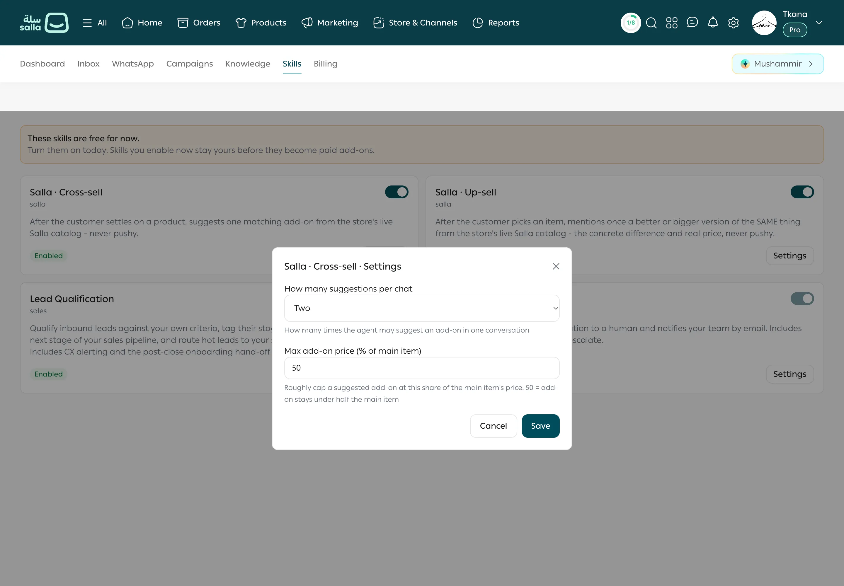 The Cross-sell settings window with its two fields and the Save and Cancel buttons