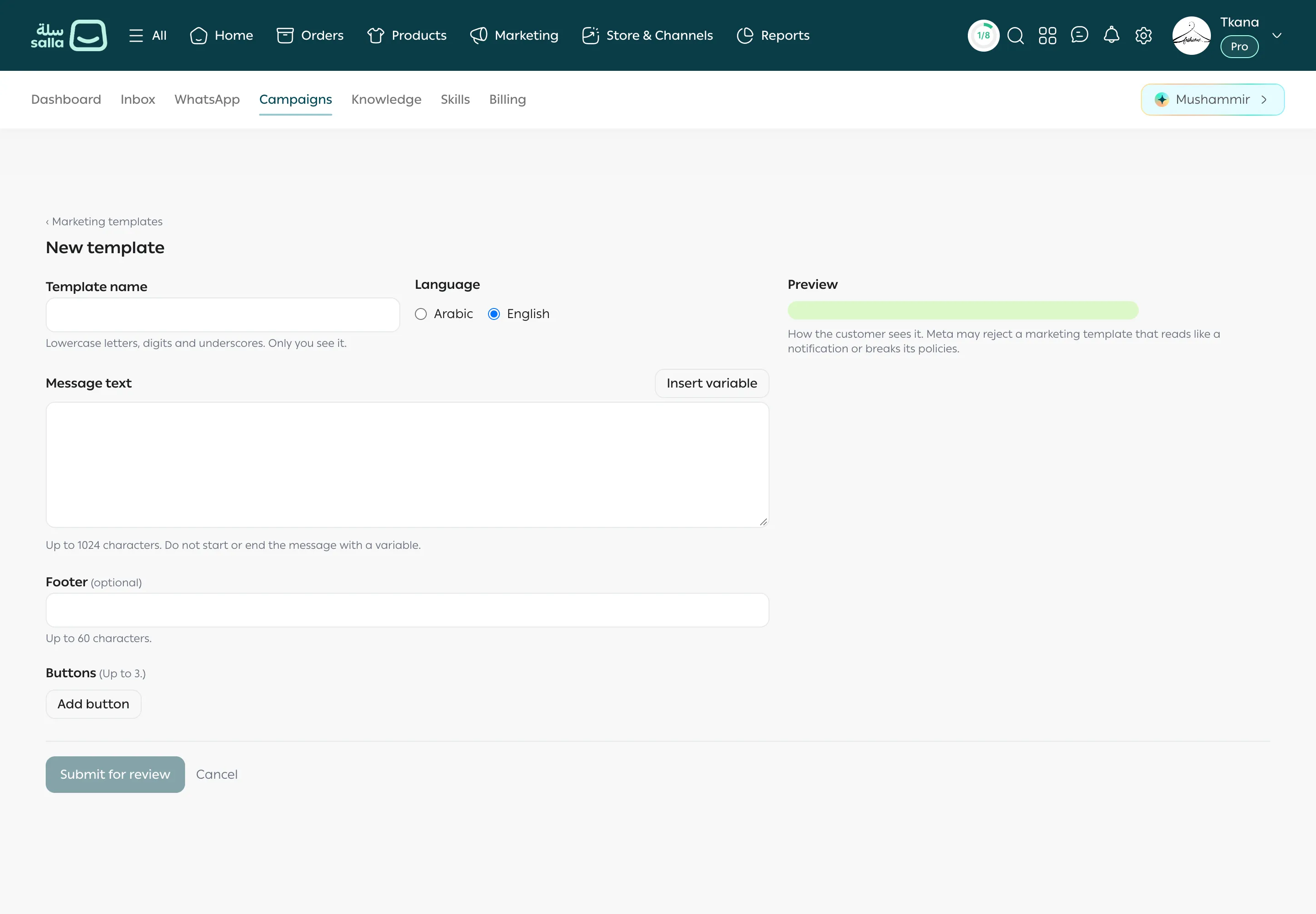 The New template form with Template name, Language, Message text, Insert variable, Footer, Buttons, and Preview