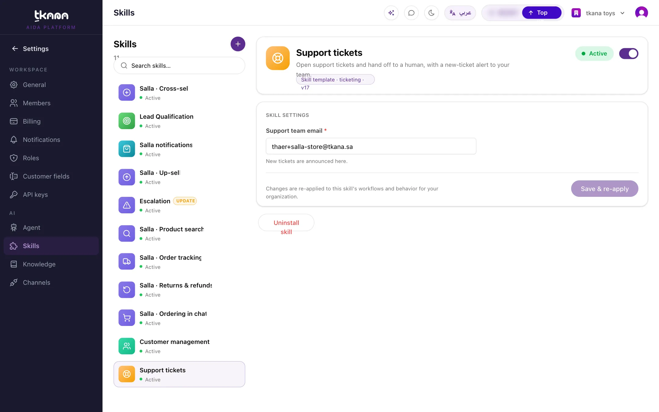 Support tickets skill settings with the Support team email field