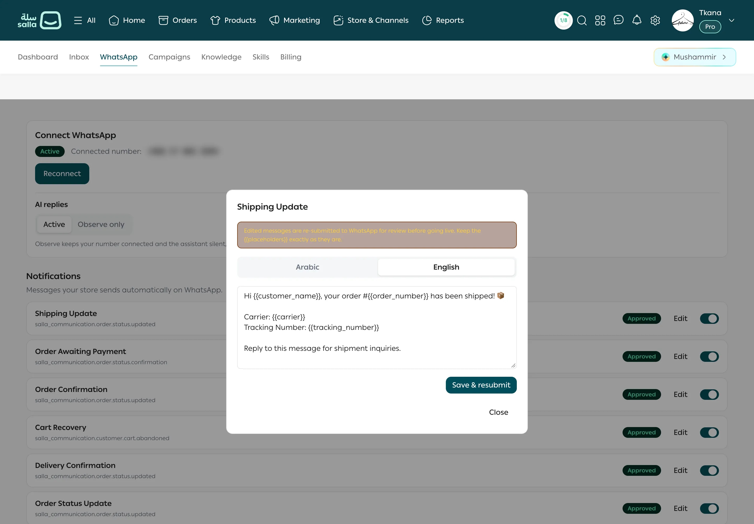 The edit window for the Shipping update message with the variables notice, the Arabic and English tabs, and Save & resubmit