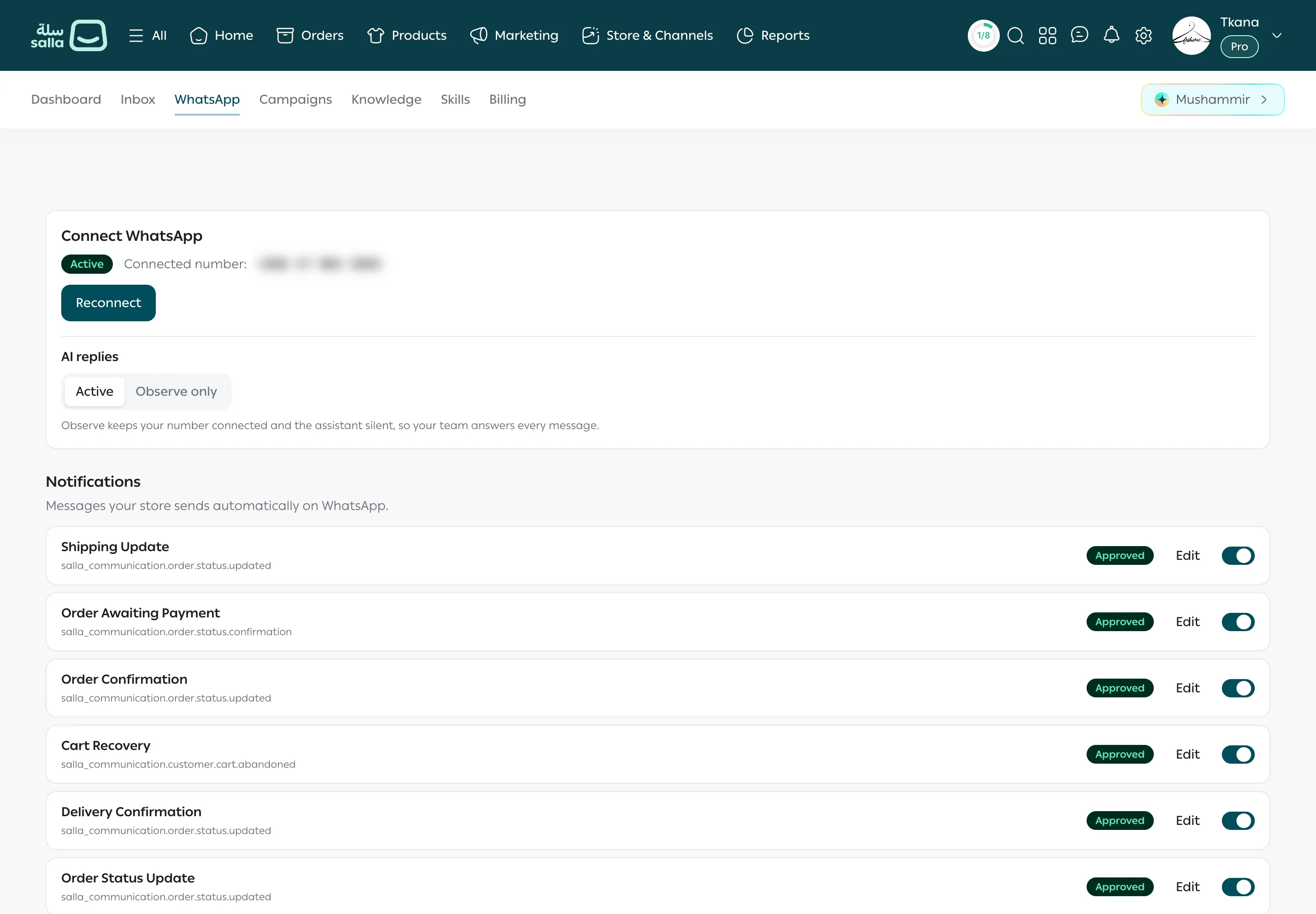 The WhatsApp tab after connecting: the connected number, AI replies, and the notifications list